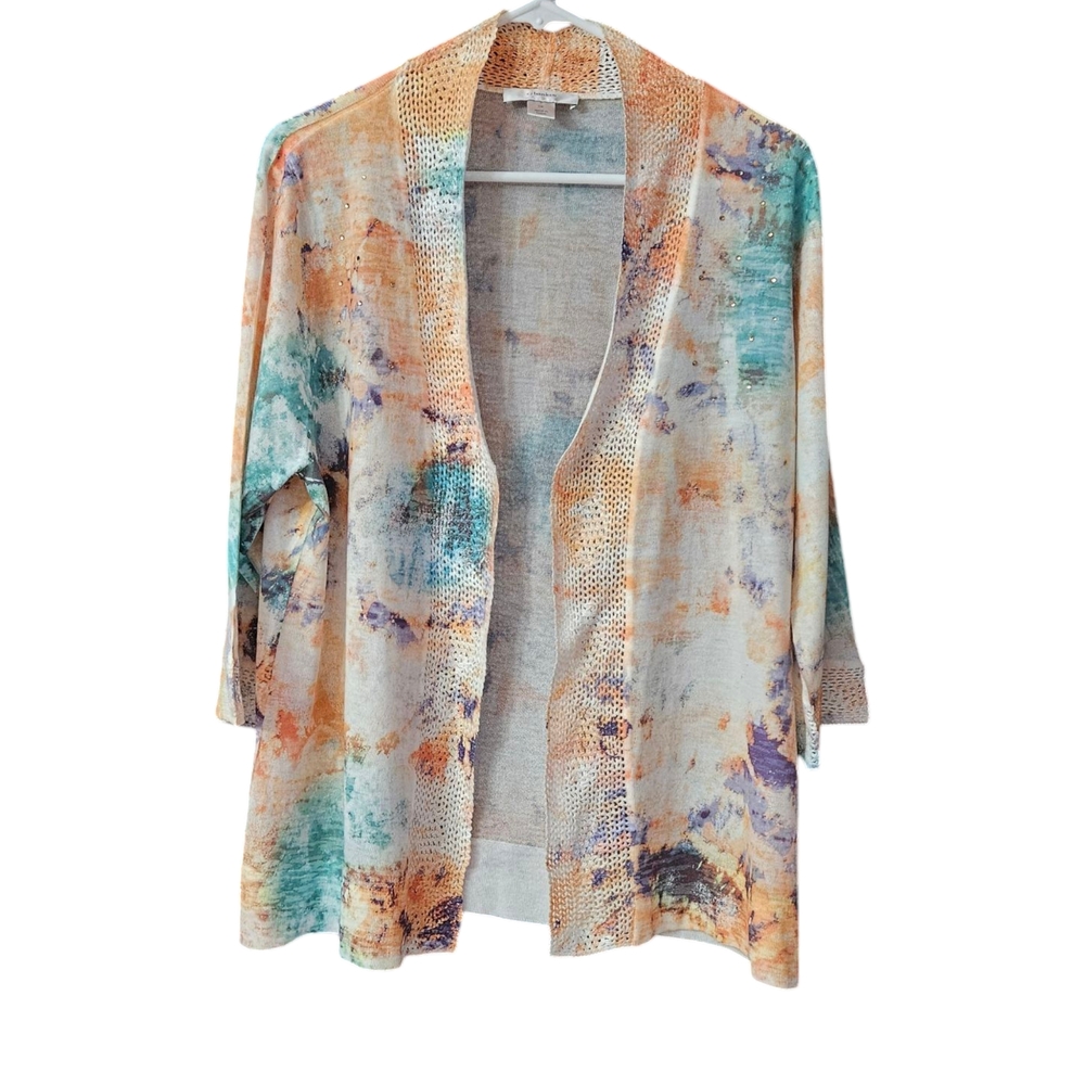 CJ Banks Women's Open Front Cardigan Size 1X Lightweight Pastel Sequins 3/4 Slee